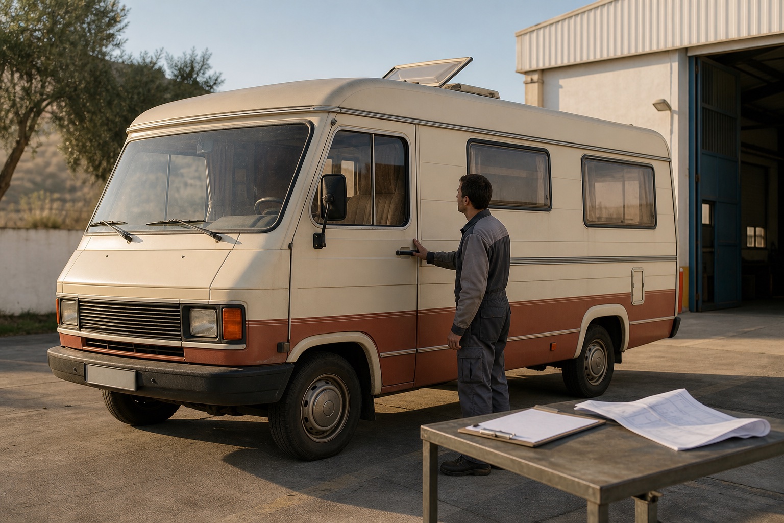 Autocaravana clásica de época junto a documentación técnica para revisar su clasificación como vehículo histórico