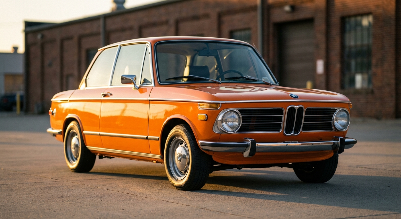BMW 2002 naranja clásico de los años 70 en entorno industrial, candidato para homologación de vehículo histórico