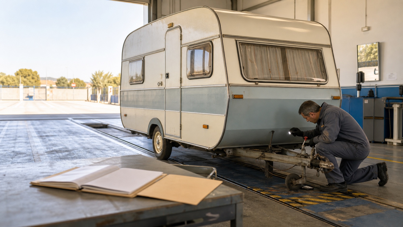 Técnico inspeccionando el bastidor y el enganche de una caravana antigua sin documentación