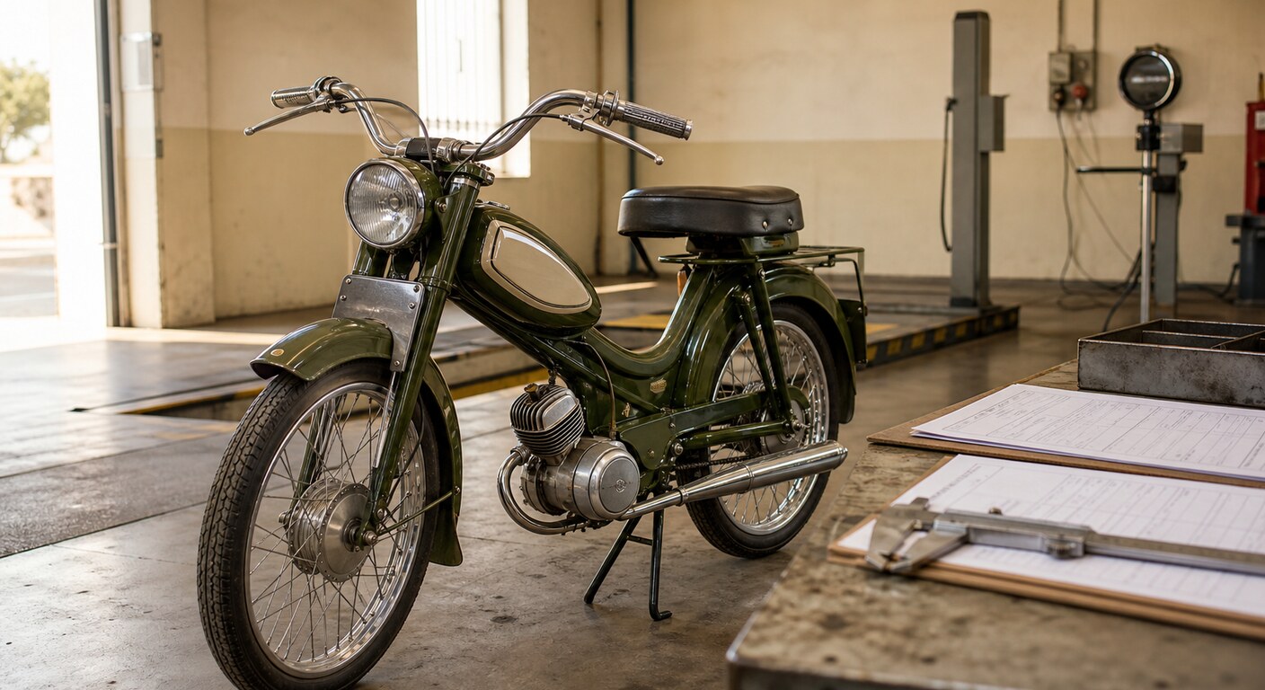 Ciclomotor clásico en taller técnico con documentación de inspección