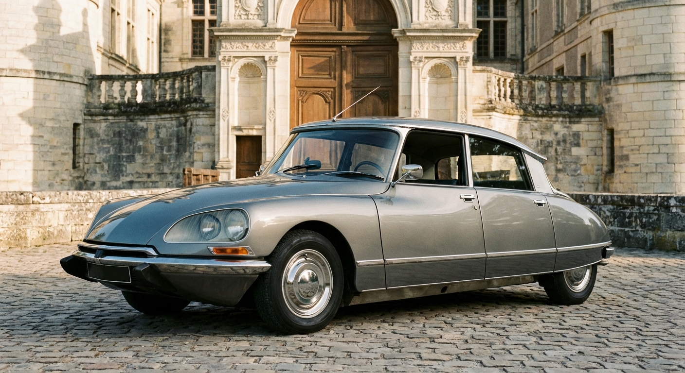 Citroën DS clásico plateado frente a edificio histórico, homologado como vehículo histórico