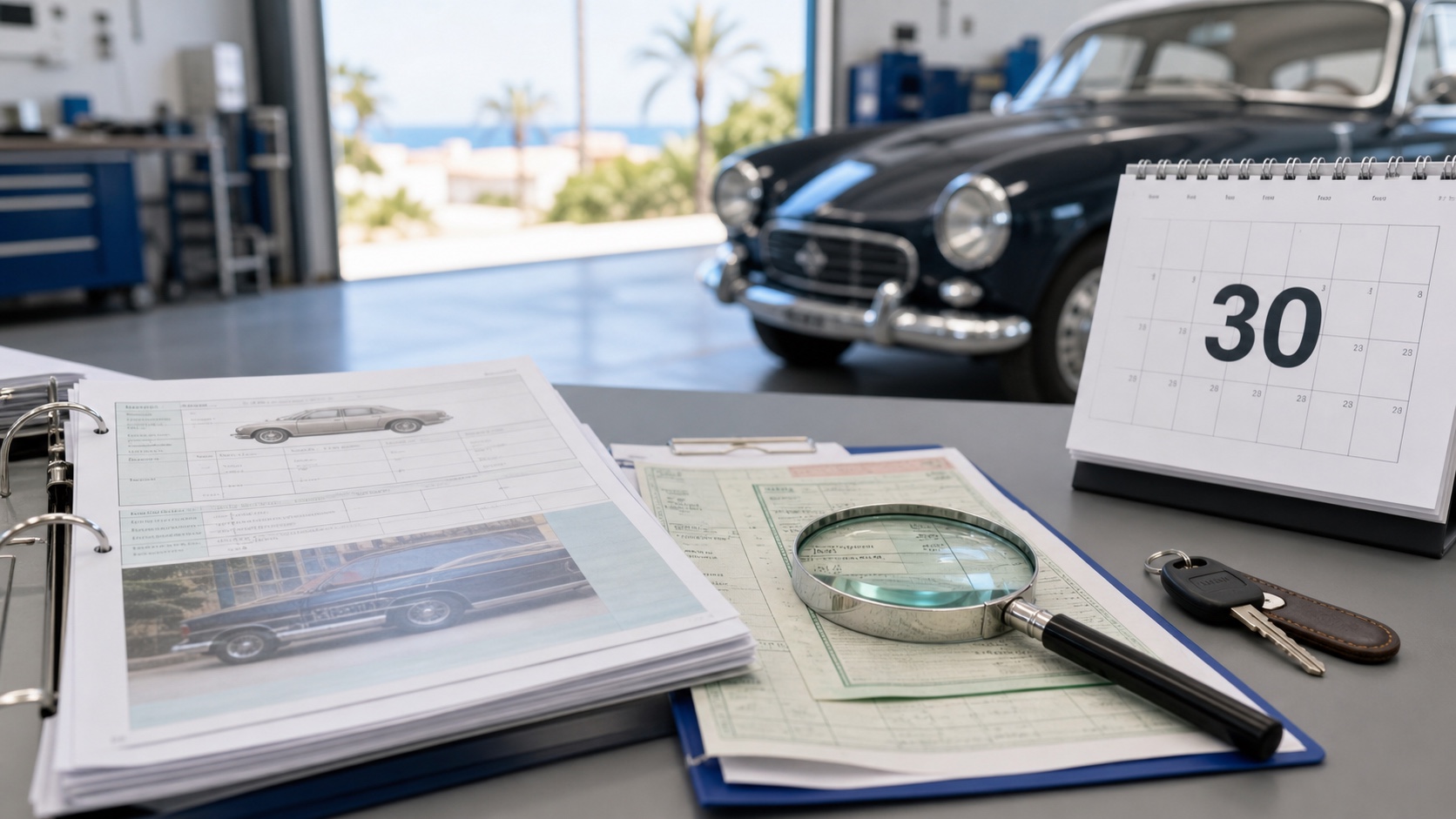 Expediente técnico de vehículo clásico con calendario de 30 días, lupa y coche en taller de inspección