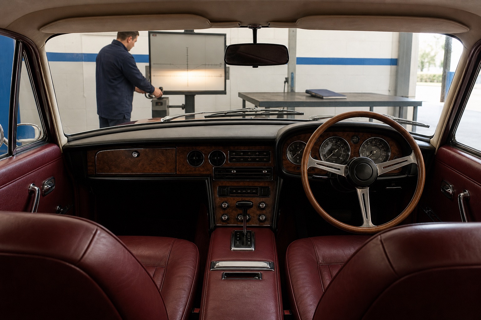 Interior de un coche clásico con el volante a la derecha durante la comprobación de los faros en una estación de inspección