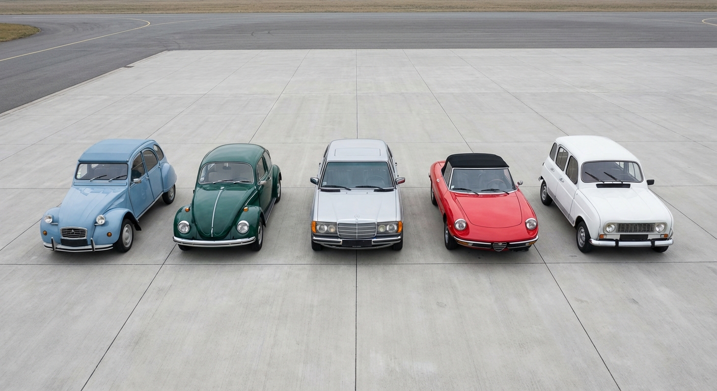 Colección de coches clásicos europeos: Citroën 2CV, Volkswagen Beetle, Mercedes W123, Alfa Romeo Spider y Renault 4