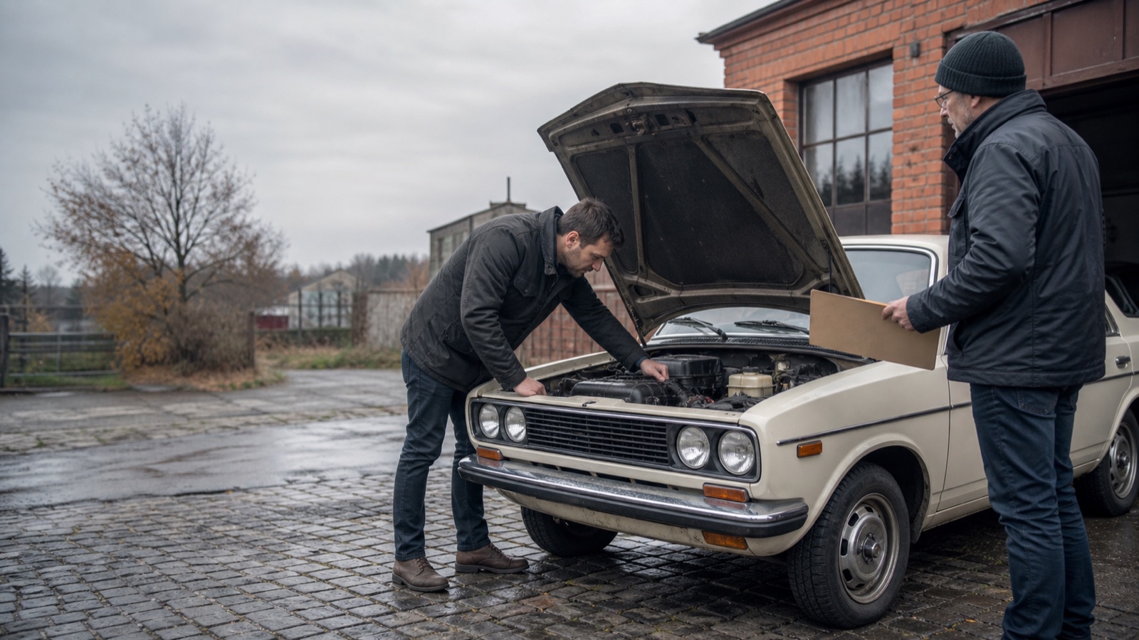 Comprador revisando el bastidor de un coche clásico junto al vendedor y su carpeta documental en un taller polaco