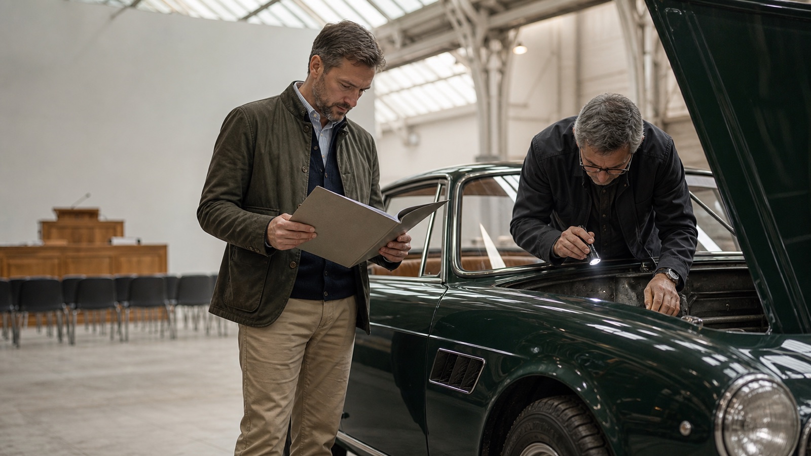 Comprador y especialista revisando el expediente y el bastidor de un coche clásico antes de una subasta