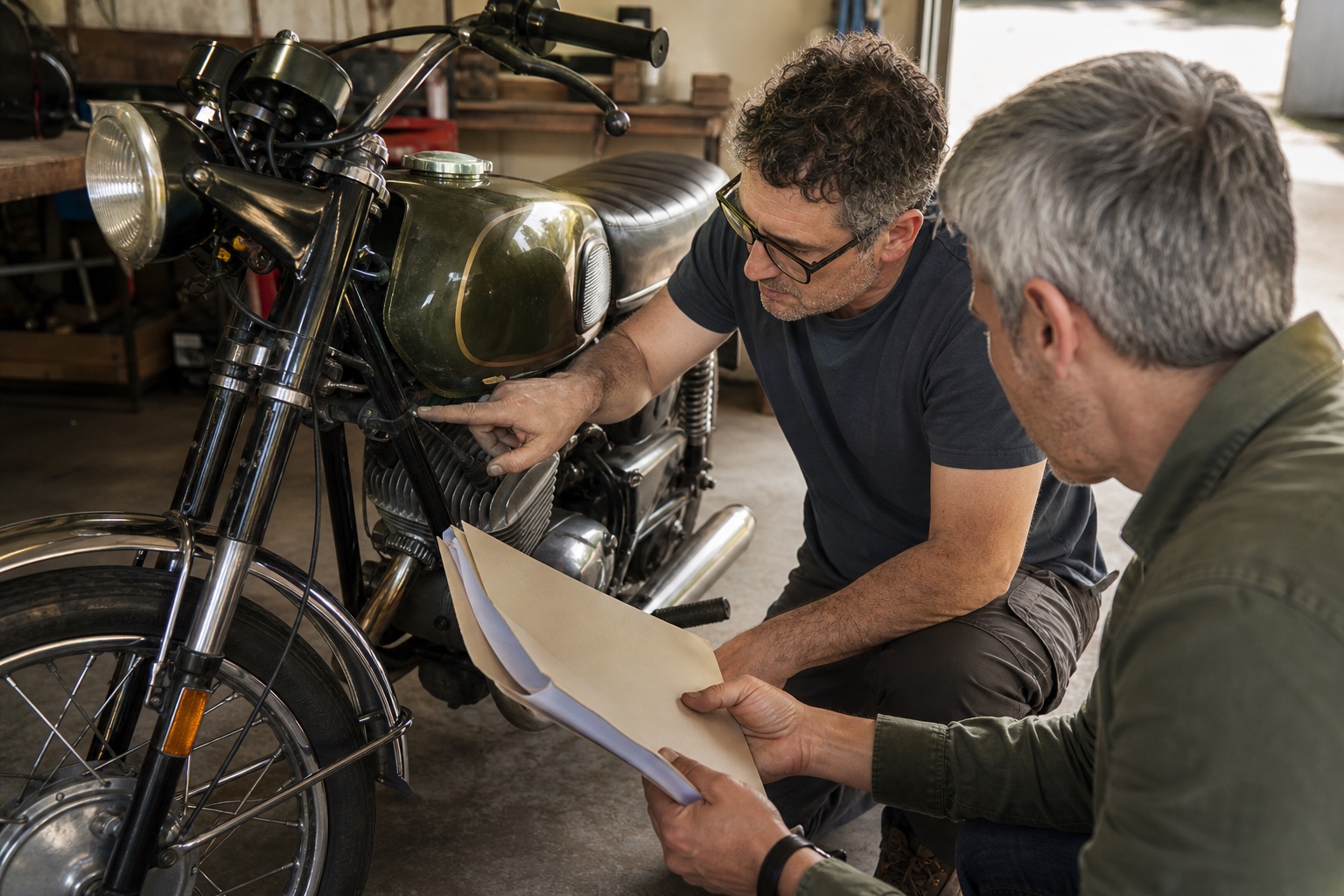 Comprador y técnico revisando el bastidor y la documentación disponible de una moto clásica antes de pagar