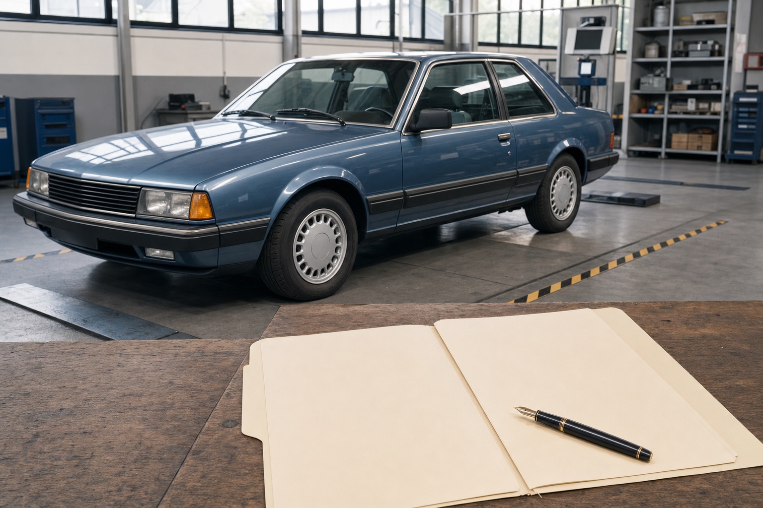 Coche clásico junto a una carpeta de documentación preparada para el cambio de servicio a vehículo histórico