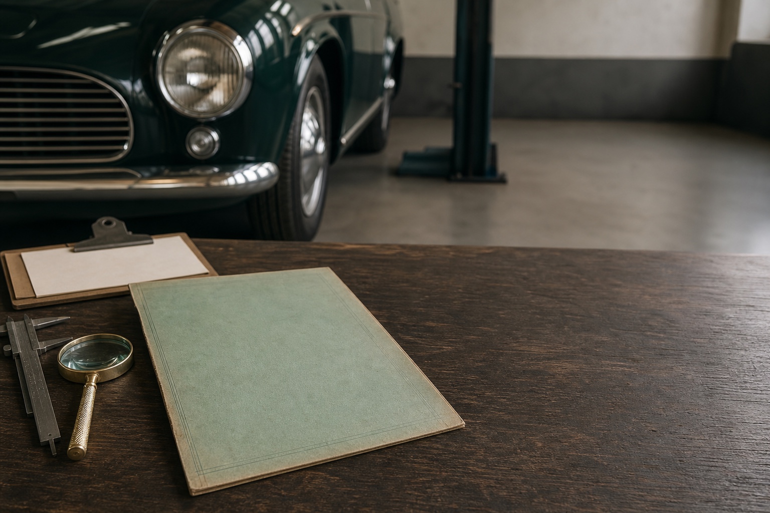 Coche clásico en un taller junto a una carpeta técnica verde, una lupa y útiles de inspección