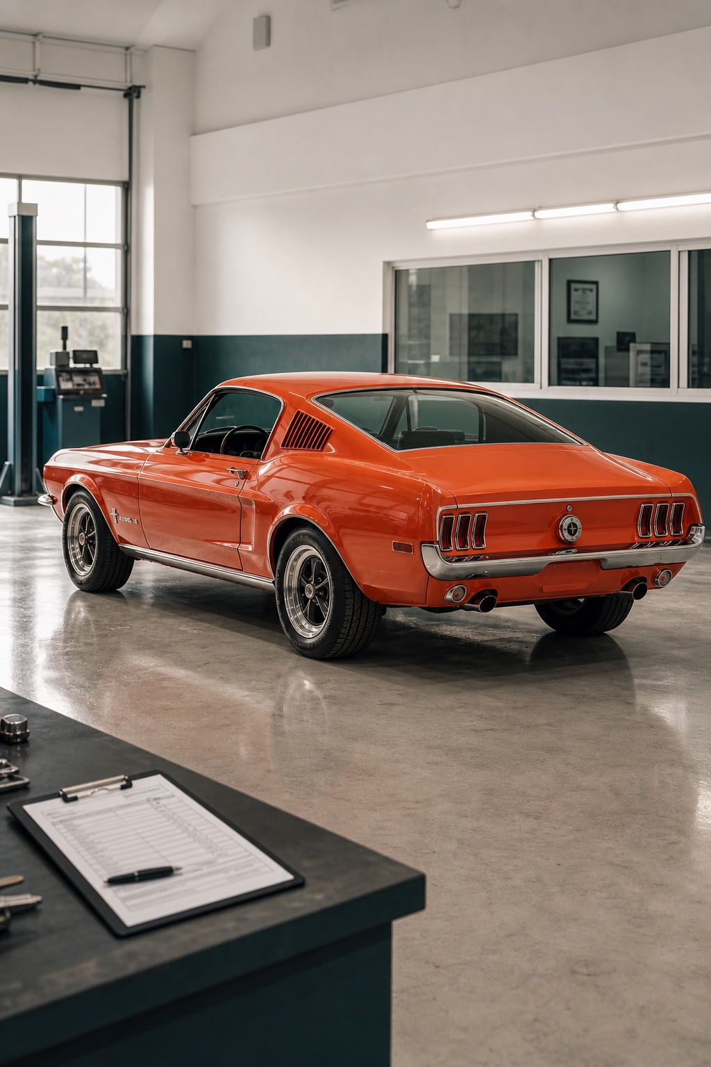 Ford Mustang clásico importado en taller de inspección técnica para expediente histórico