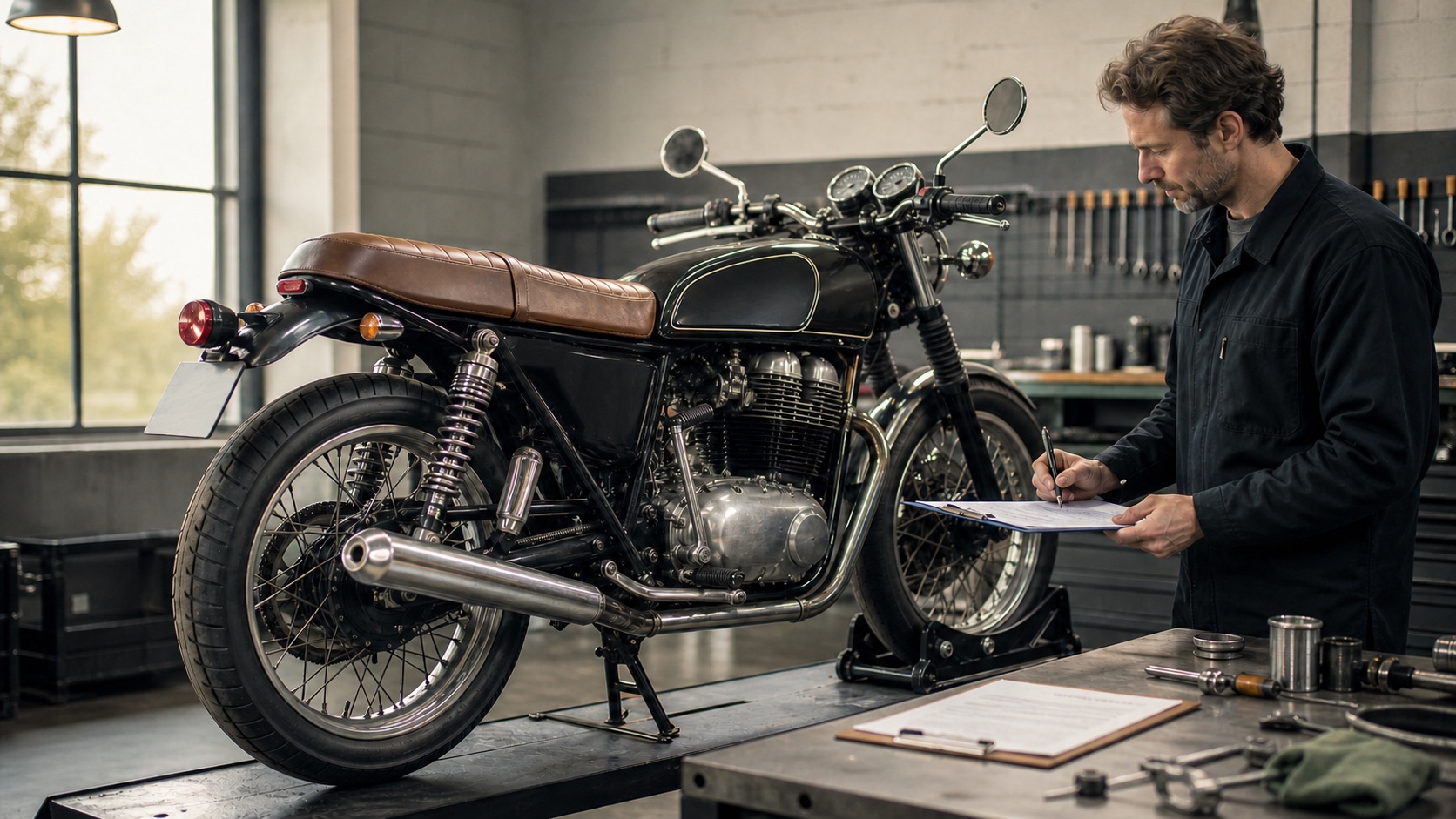 Motocicleta café racer en un taller mientras un técnico revisa sus componentes y documentación