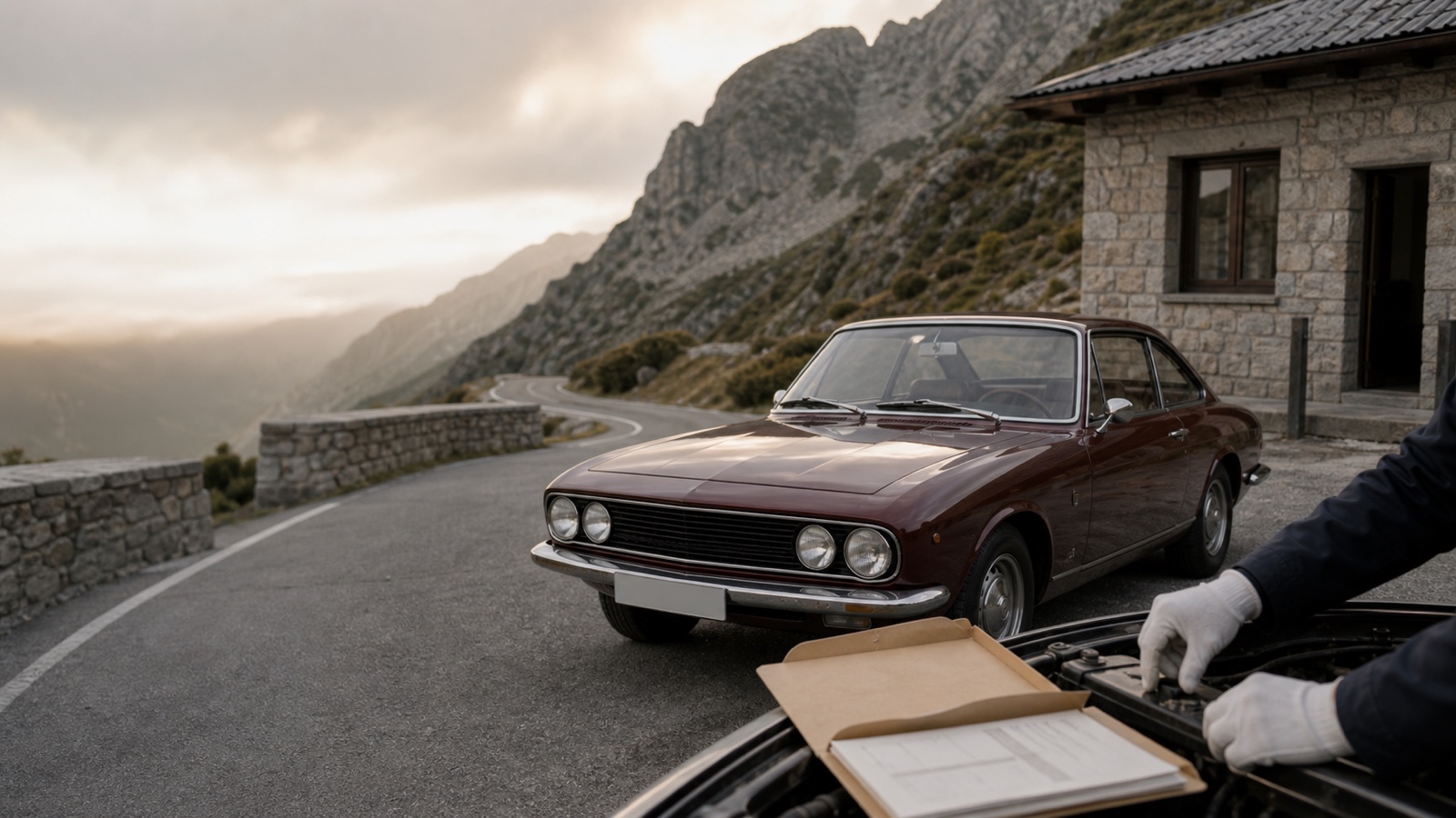 Coche clásico en una carretera de montaña durante una revisión de bastidor y documentación