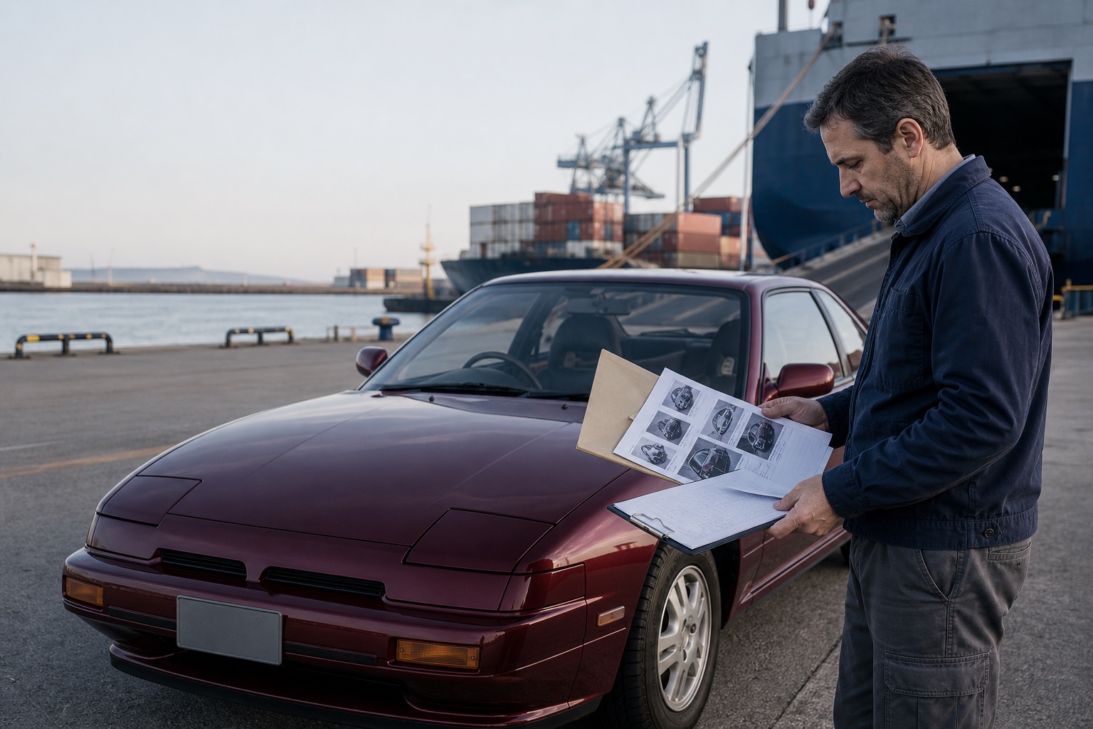 Técnico revisando el expediente de un coche clásico japonés recién llegado a un puerto español