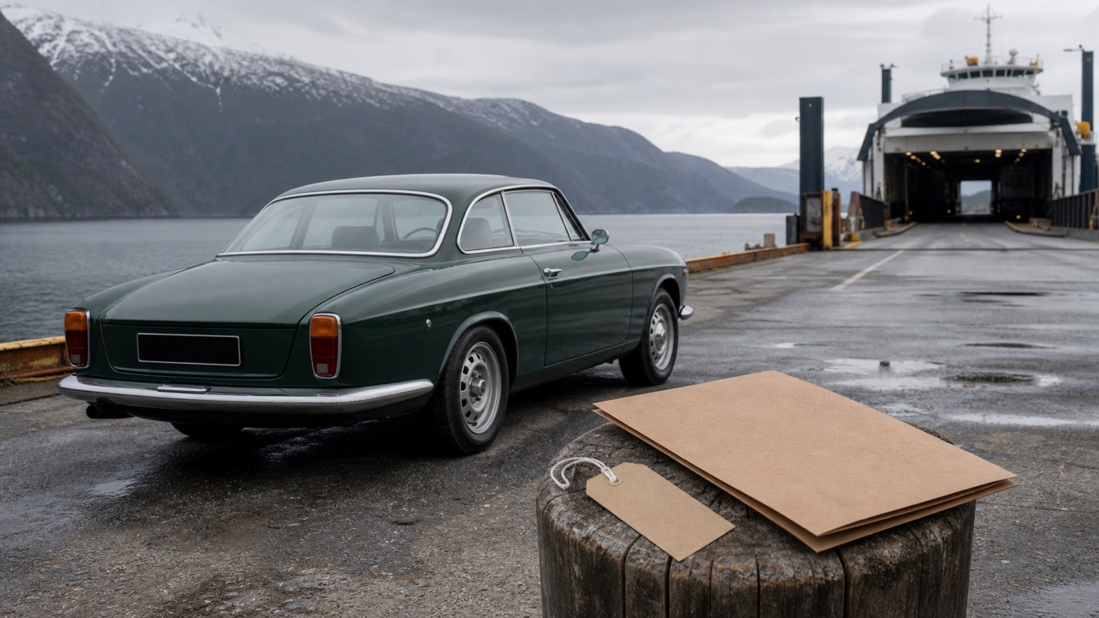 Coche clásico verde en un puerto noruego junto a un ferri y una carpeta de documentos de exportación
