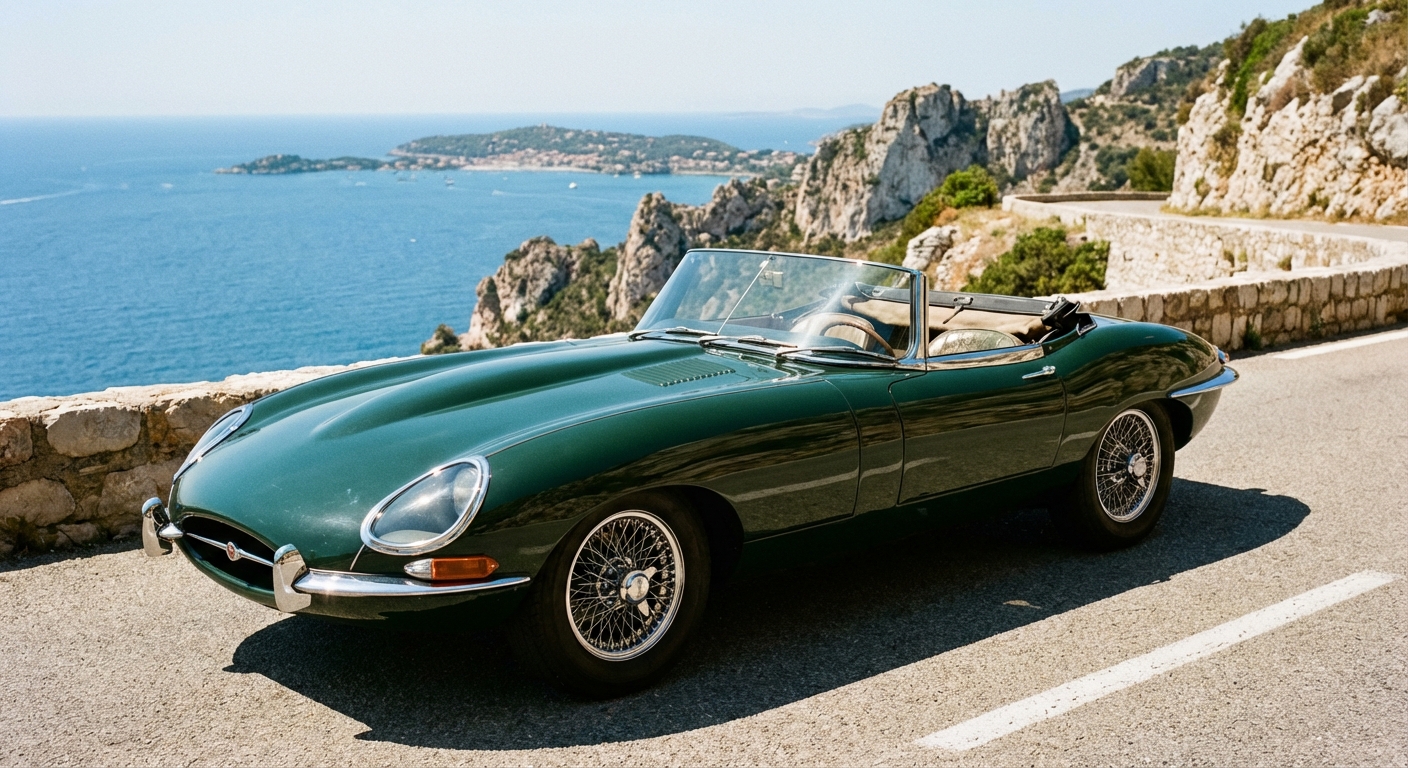 Jaguar E-Type clásico en costa mediterránea, candidato ideal para matrícula de vehículo histórico