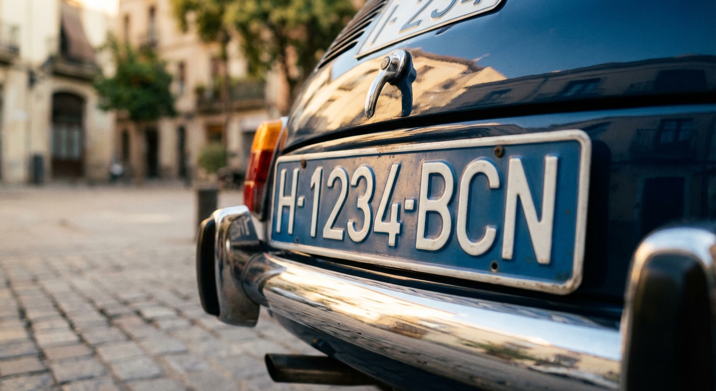 Detalle de matrícula histórica H en coche clásico azul con documentación oficial