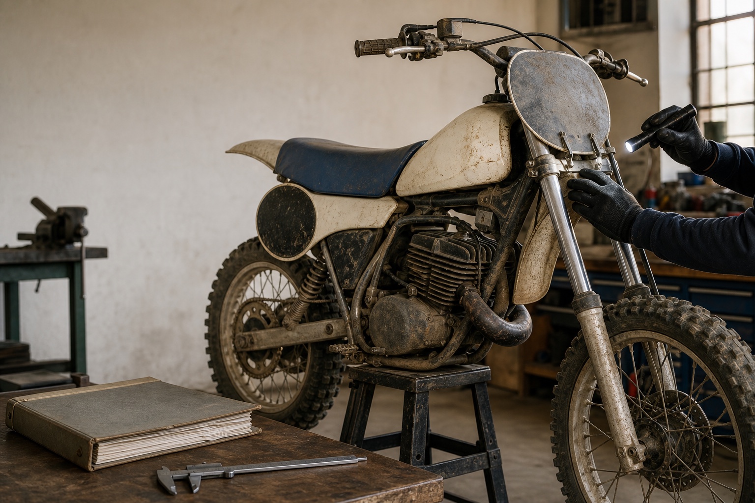 Moto de motocross clásica sobre un caballete durante una revisión de bastidor y documentación