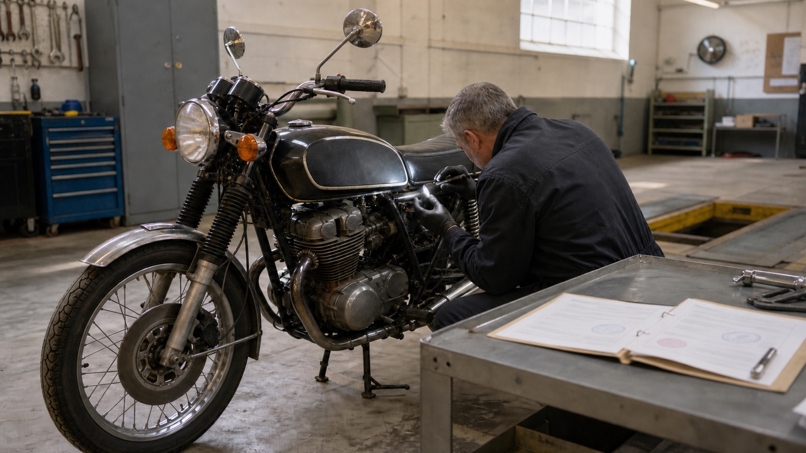 Especialista comprobando el bastidor de una moto clásica extranjera junto a su expediente técnico