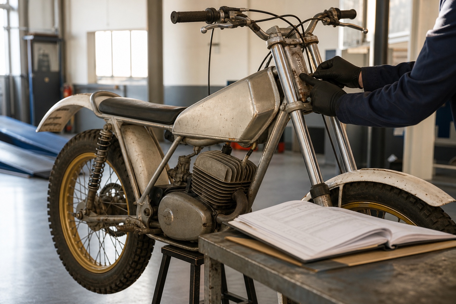 Moto de trial clásica en un taller durante la comprobación del bastidor y su documentación