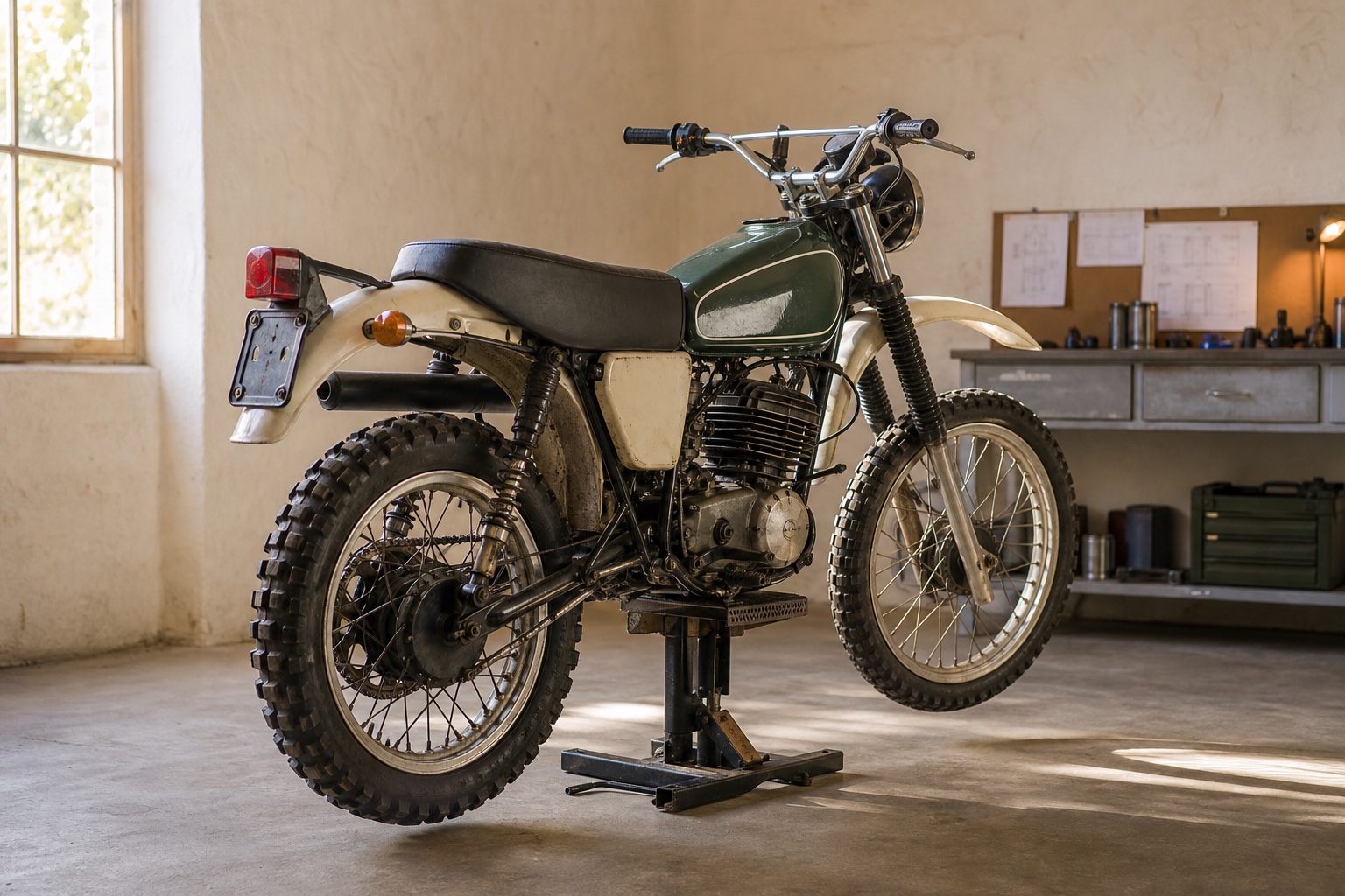 Moto enduro clásica en un taller durante una revisión de configuración y documentación