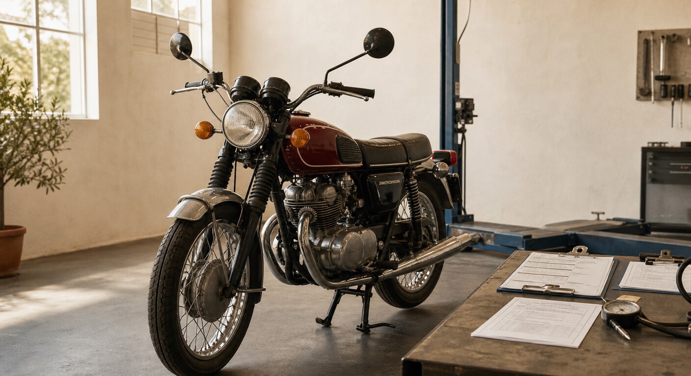 Moto clásica en taller técnico con documentación preparada para revisión histórica