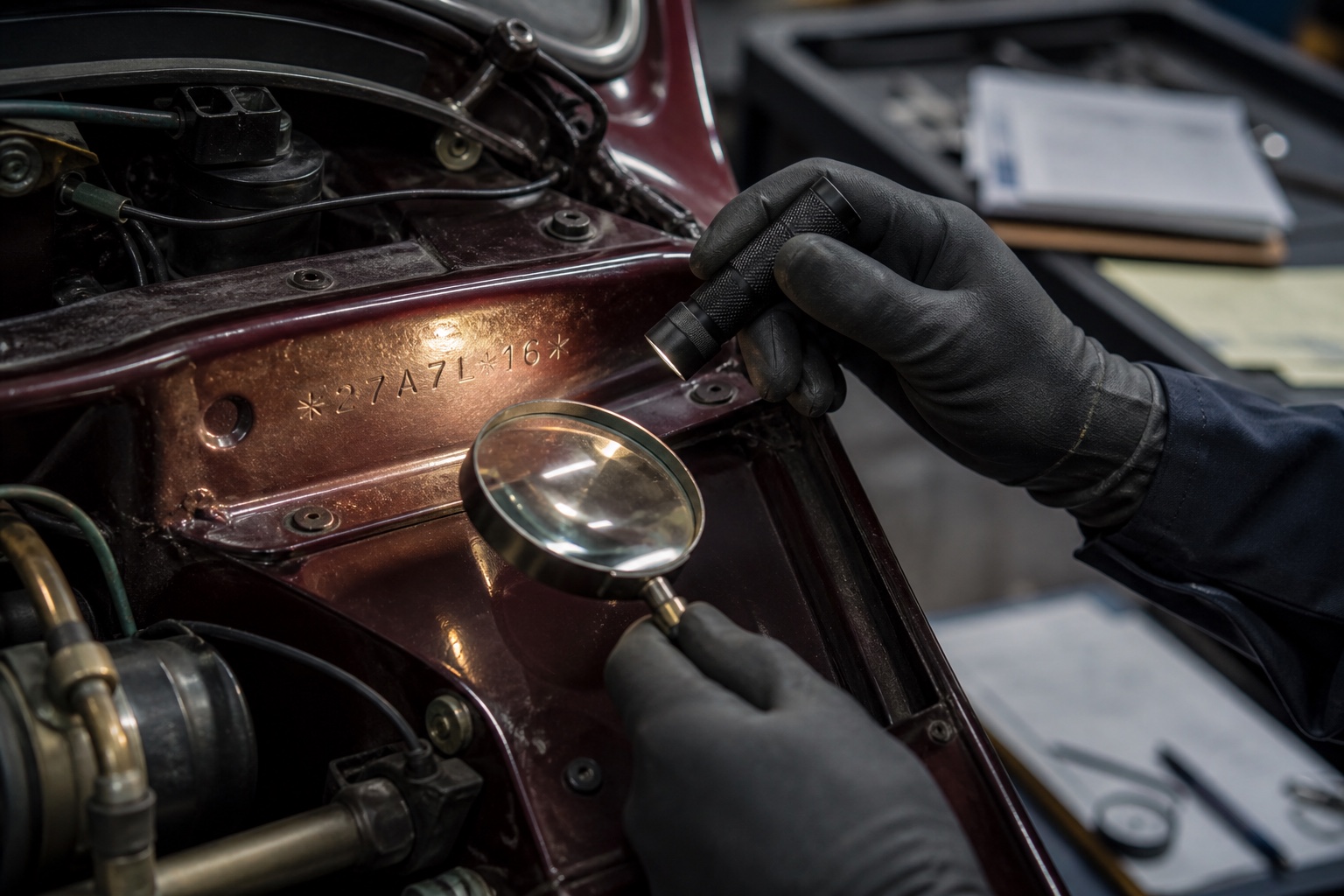 Inspección con luz y lupa del número de bastidor estampado en un coche clásico
