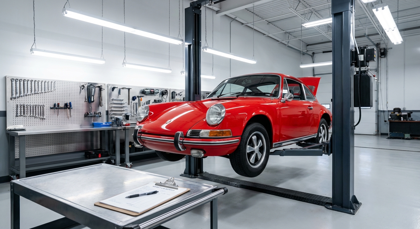 Porsche 911 clásico rojo en taller de inspección técnica para homologación de vehículo histórico