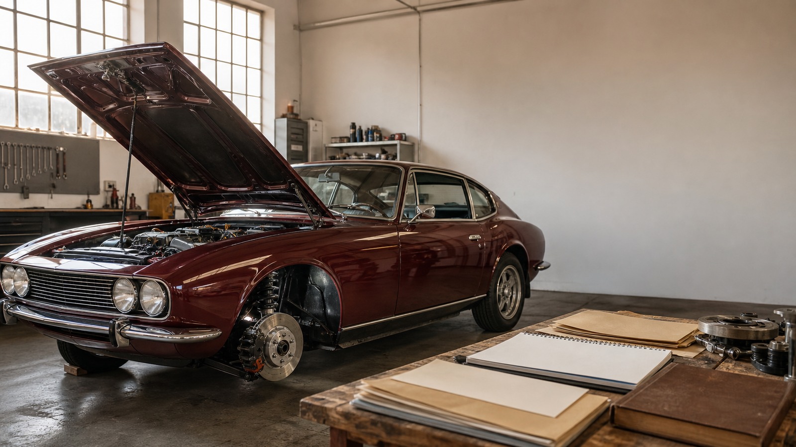 Coupé clásico en taller con frenos modernos y documentación técnica para evaluar un restomod