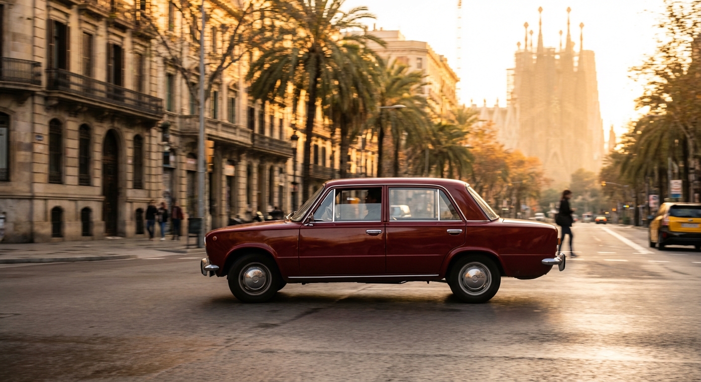 SEAT 124 clásico circulando por Barcelona con Sagrada Familia al fondo