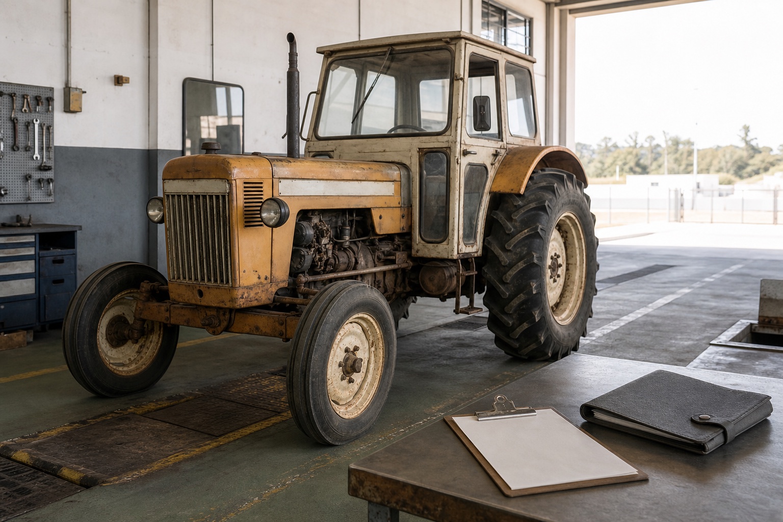 Tractor agrícola antiguo conservado en un taller de inspección junto a documentación técnica sin datos identificativos