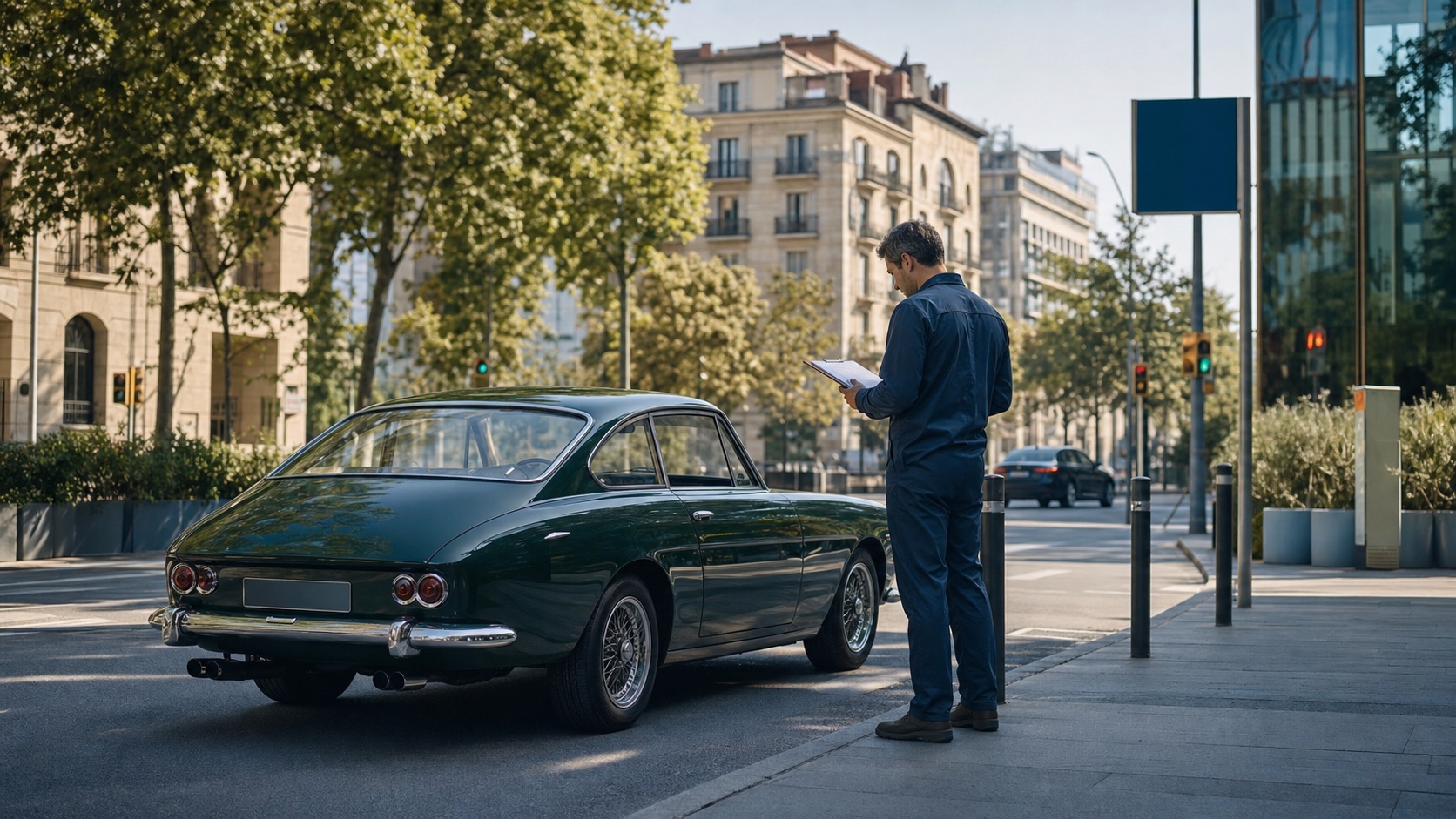 Vehículo clásico revisado por un técnico en una calle urbana de Barcelona dentro de un contexto de ZBE