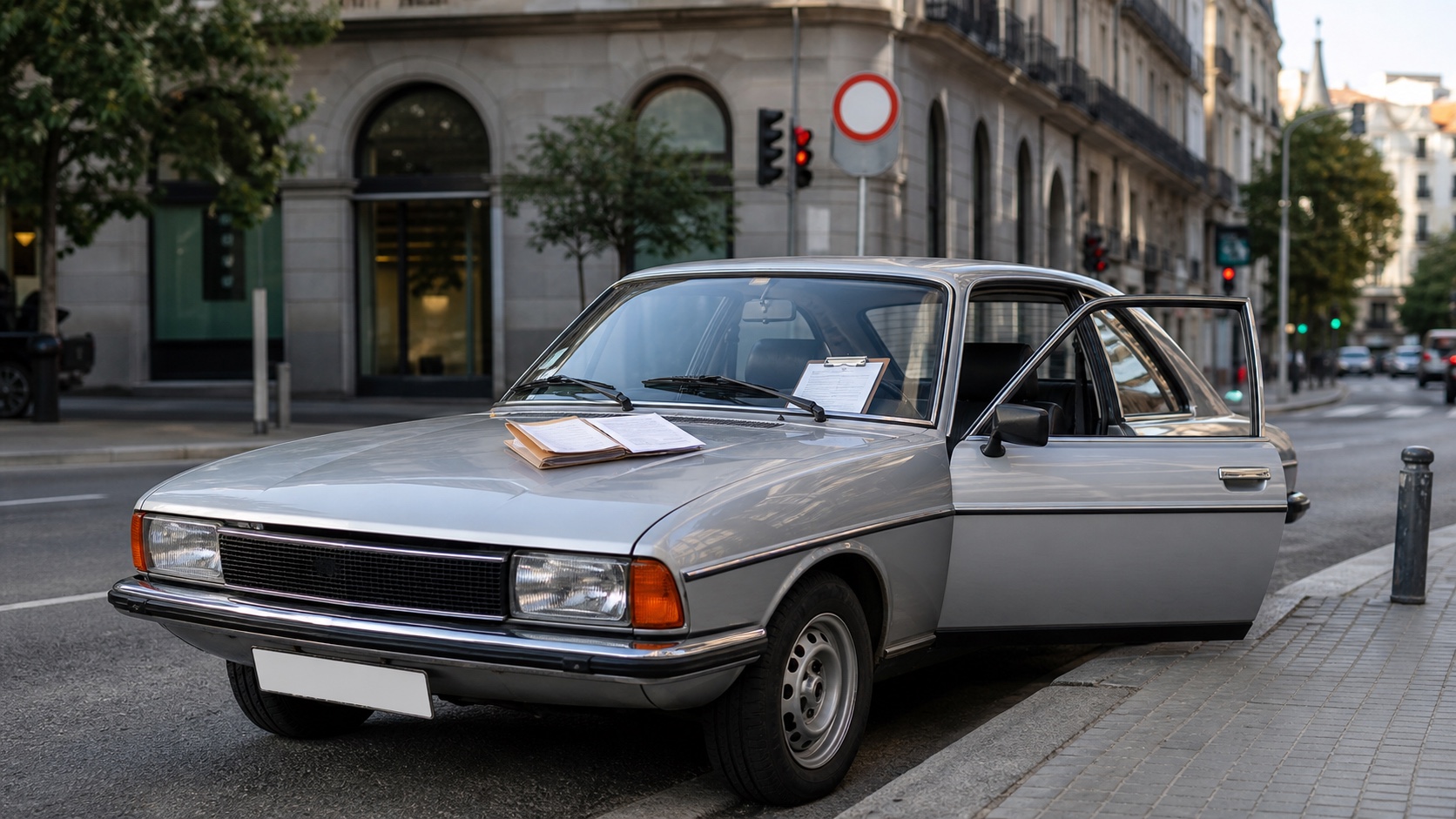 Vehículo clásico con documentación técnica revisada en una calle urbana de Madrid dentro de un contexto de ZBE